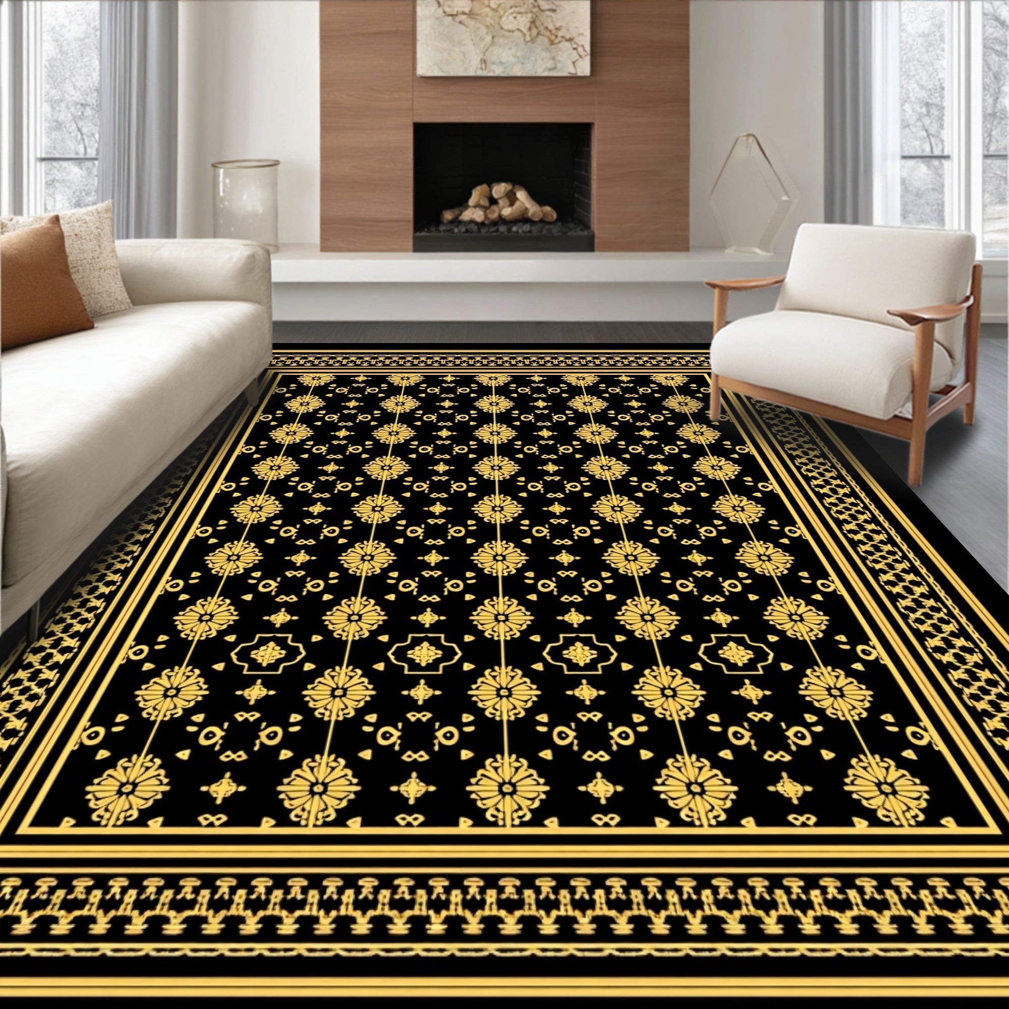 Ornate Gold Floral Black Border Rug