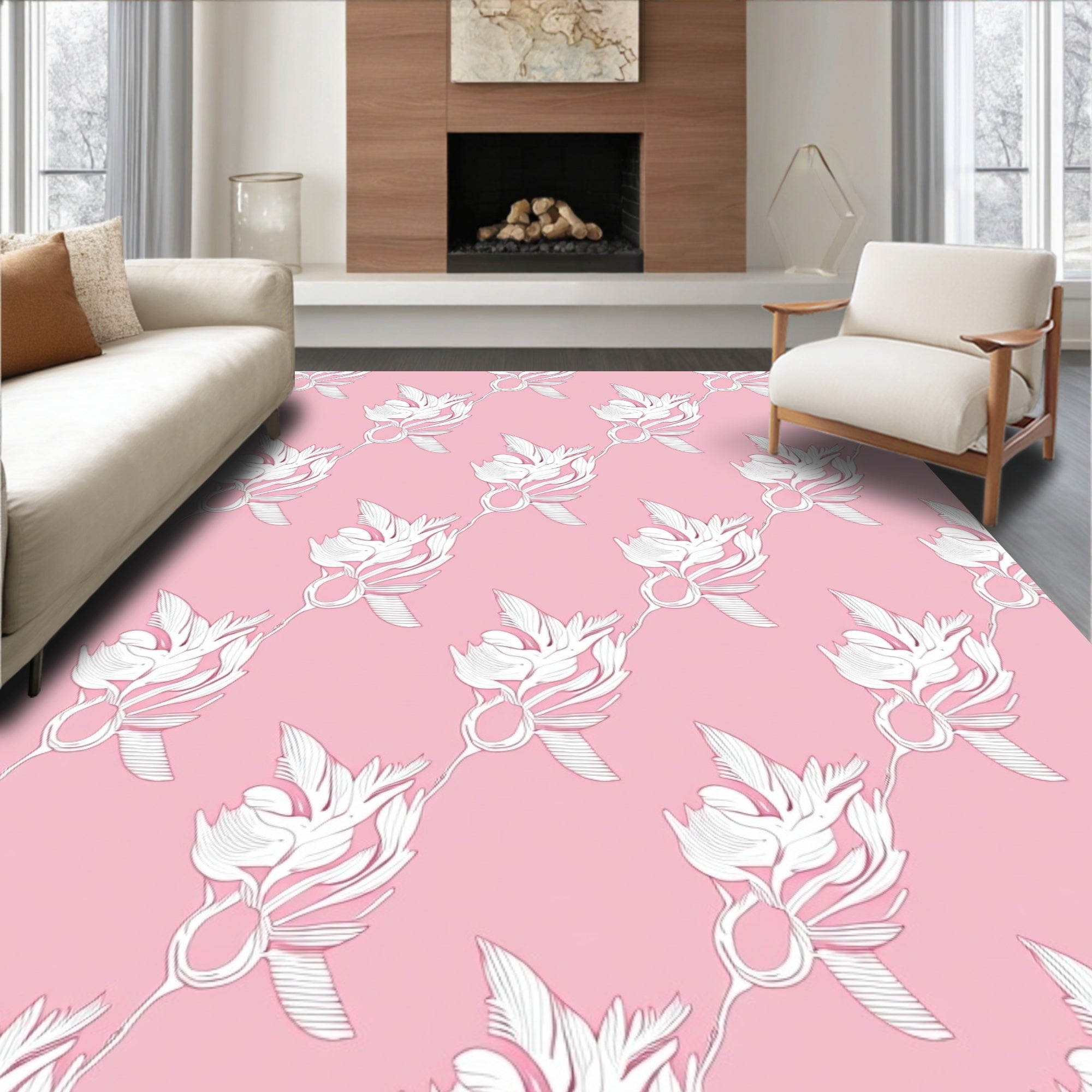 Soft Pink White Floral Branch Rug