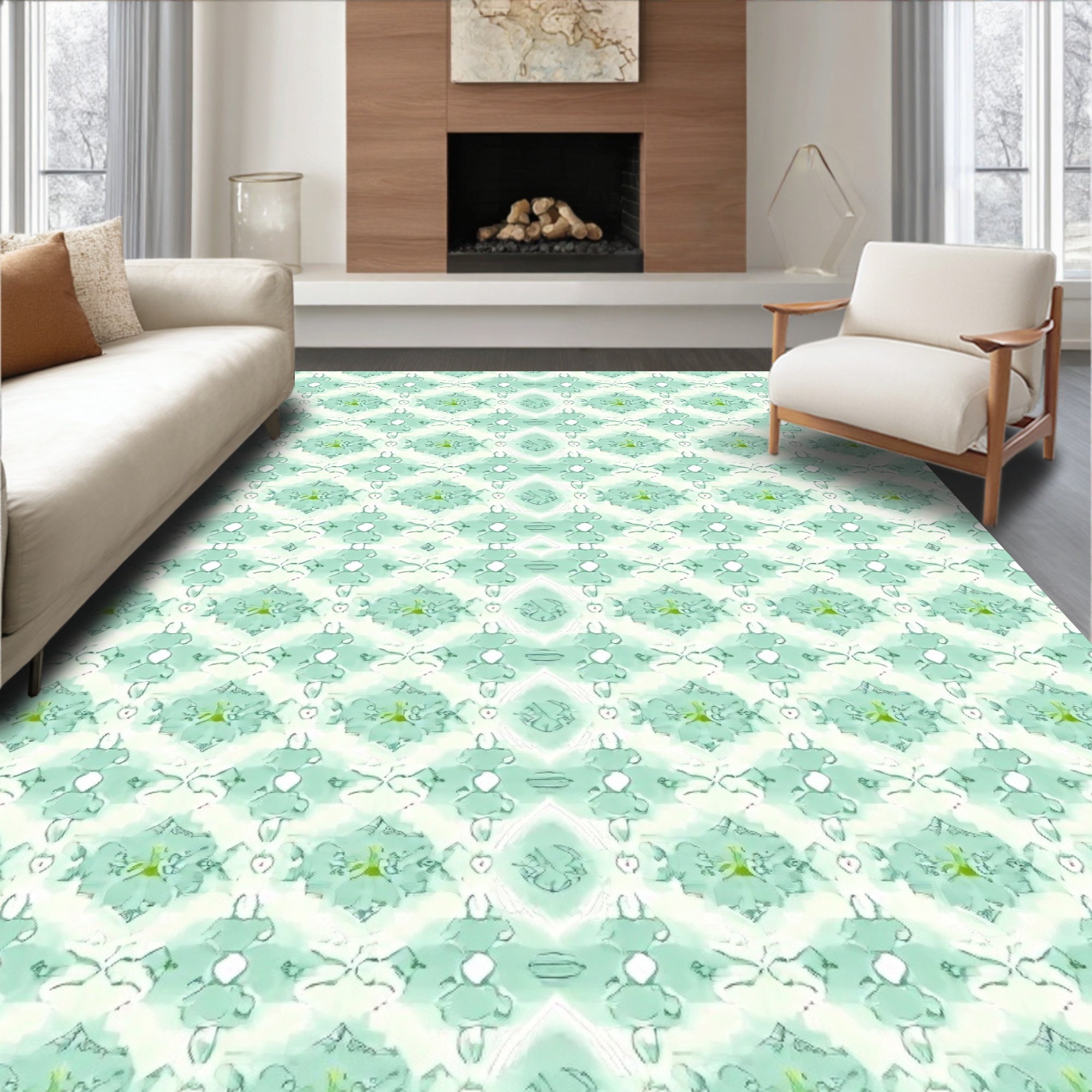 Pale Aqua Diamond Floral Medallion Rug