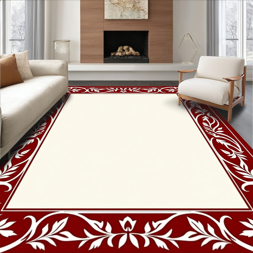 Crimson White Leaf Scroll Border Rug