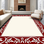 Crimson White Leaf Scroll Border Rug