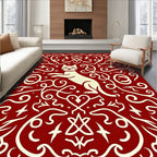 Crimson Ivory Whimsical Feline Swirls Rug