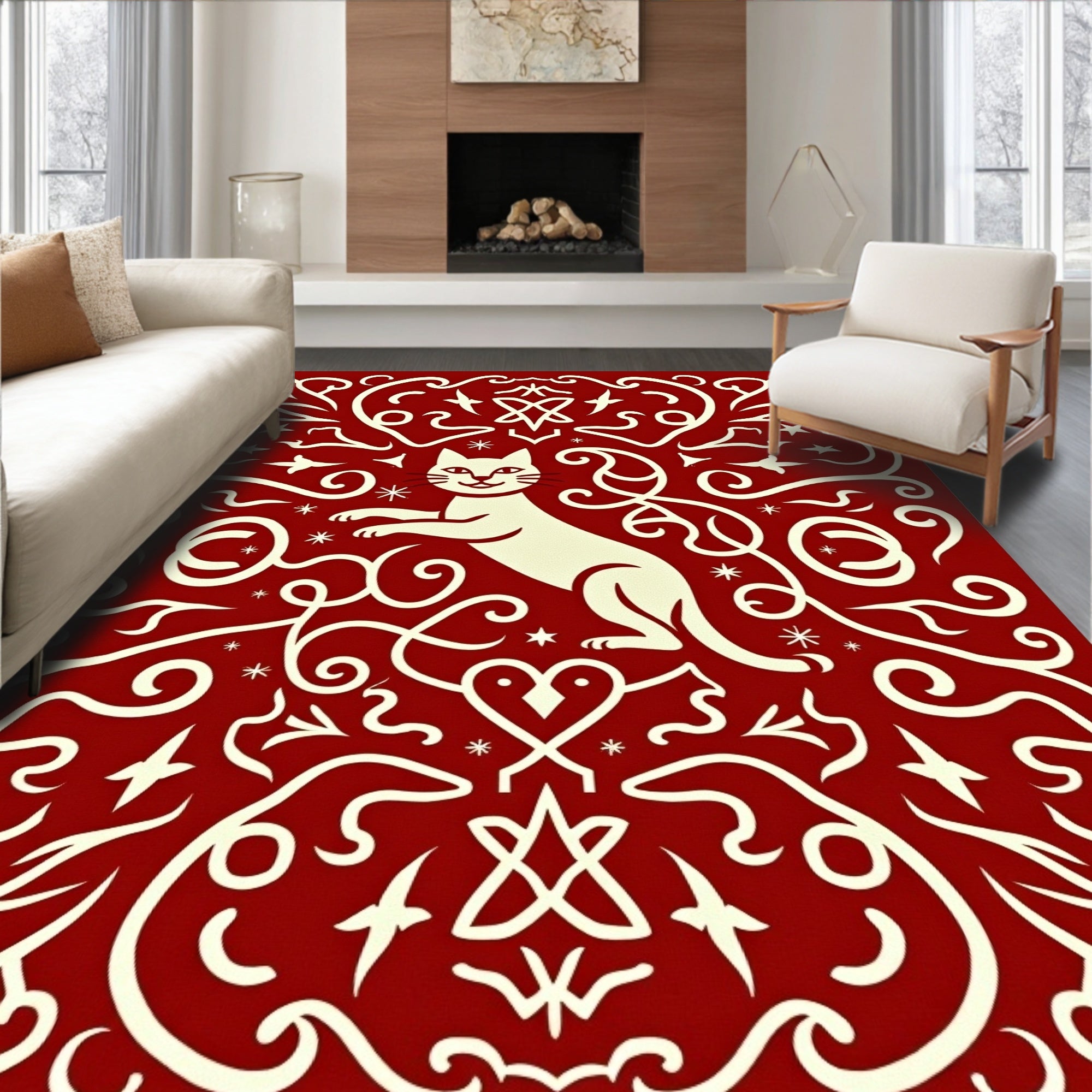 Crimson Ivory Whimsical Feline Swirls Rug