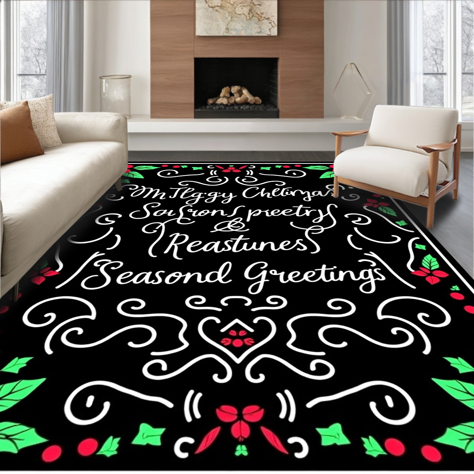Christmassy Red Green Holly Calligraphy Rug