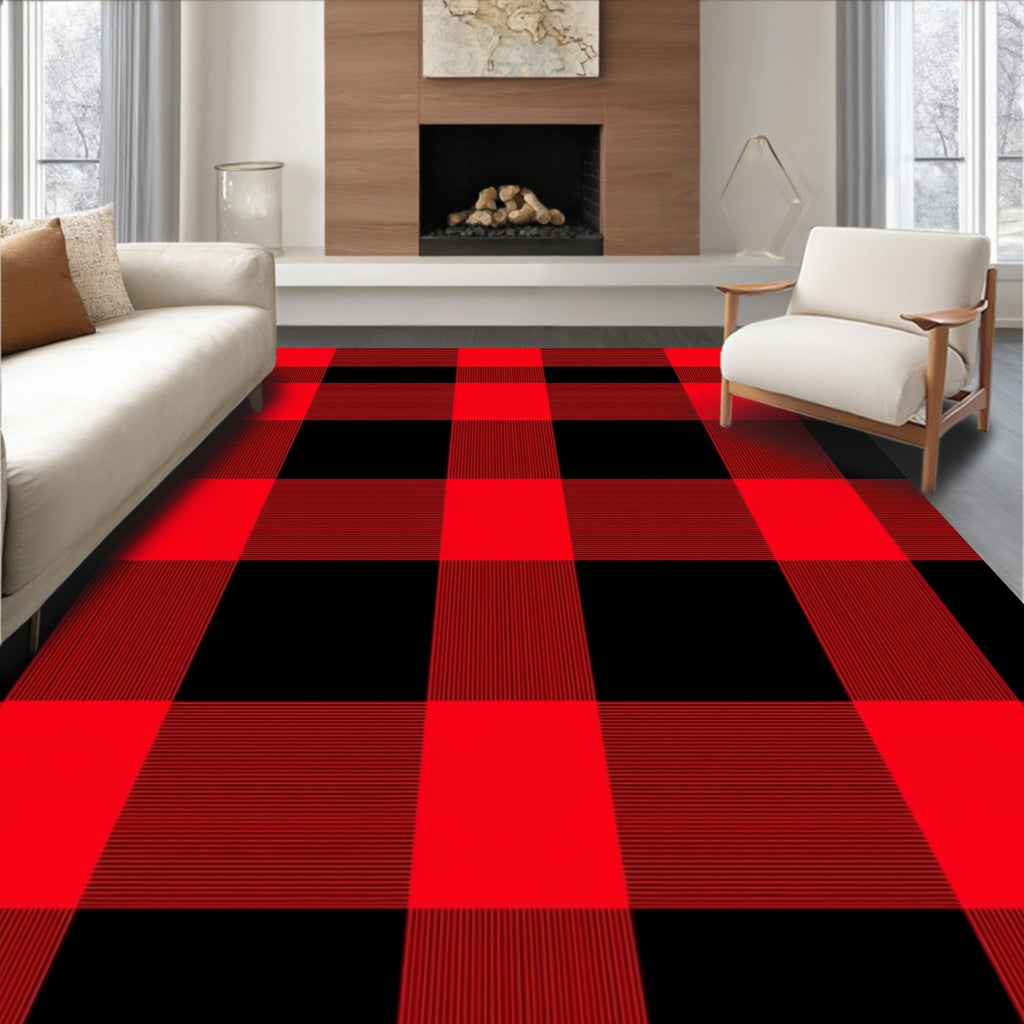 Classic Gingham Red Black Checkered Fabric Rug