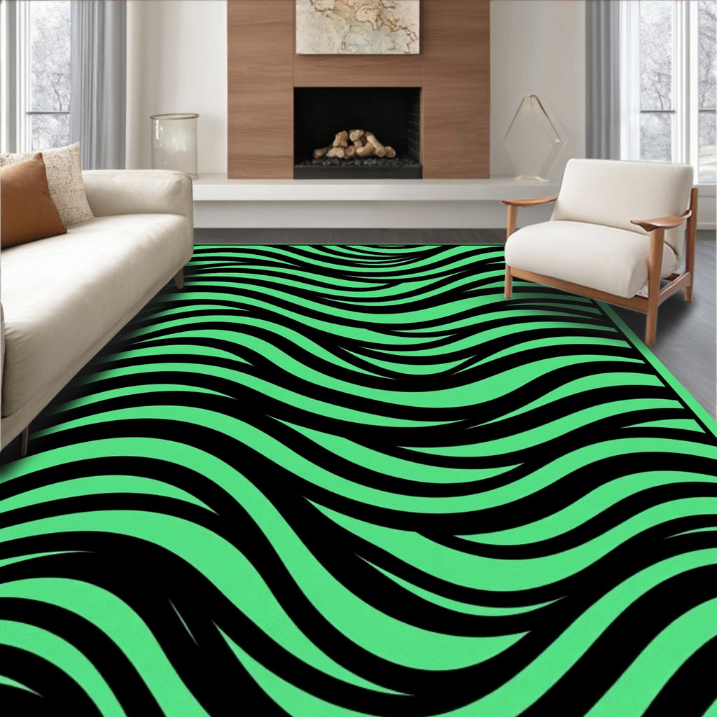 Vibrant Black Green Wavy Lines Rug