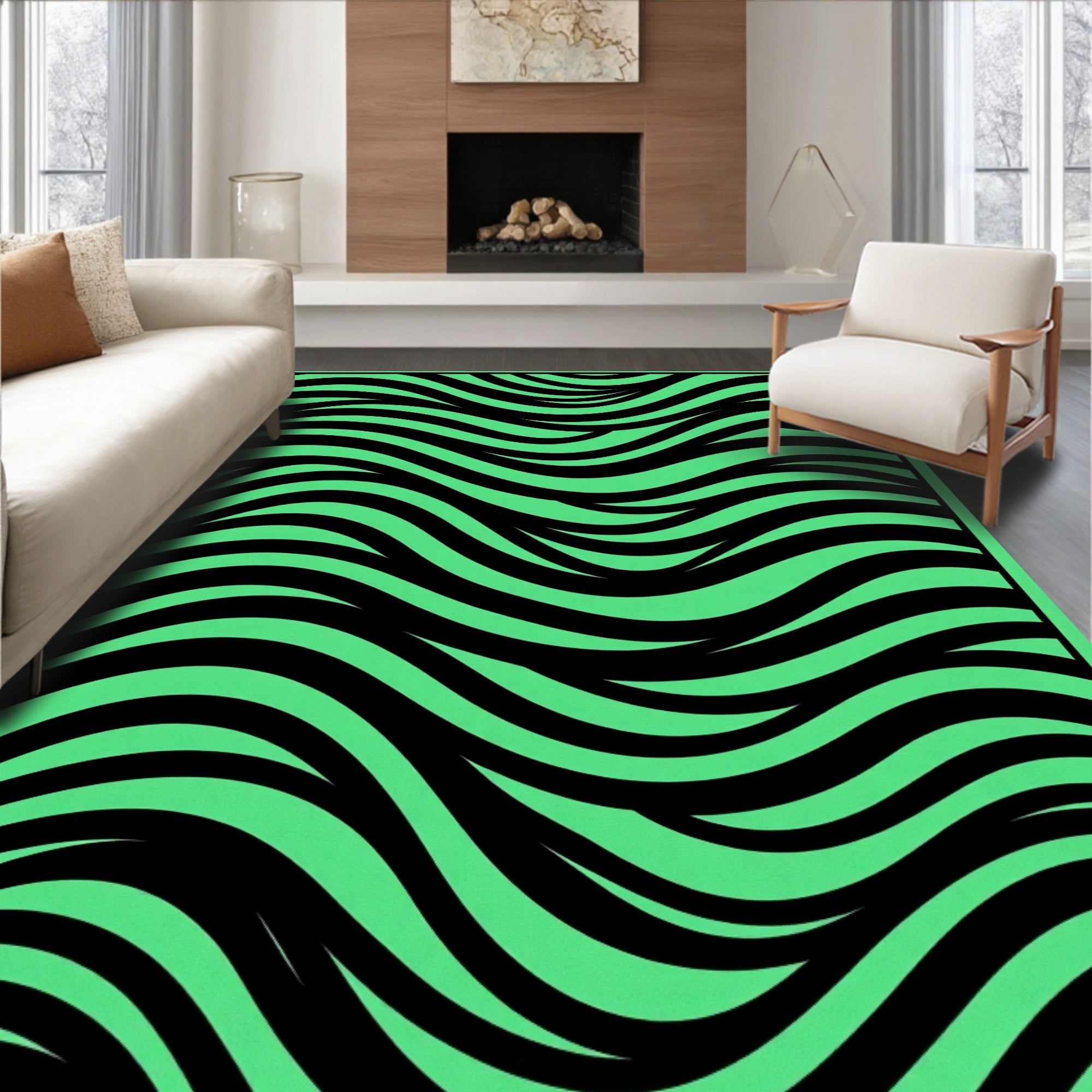 Vibrant Black Green Wavy Lines Rug