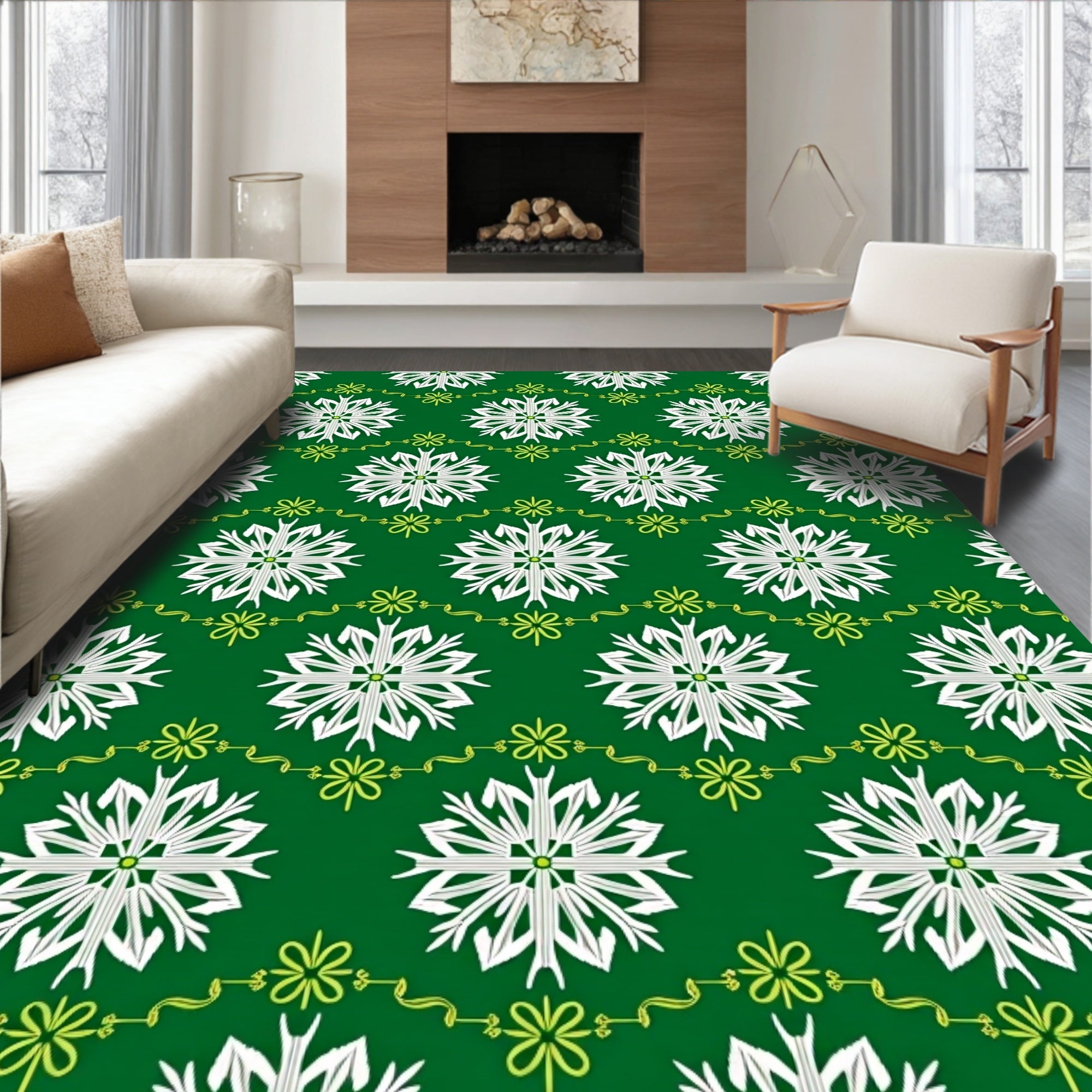 Emerald White Snowflake Garland Rug