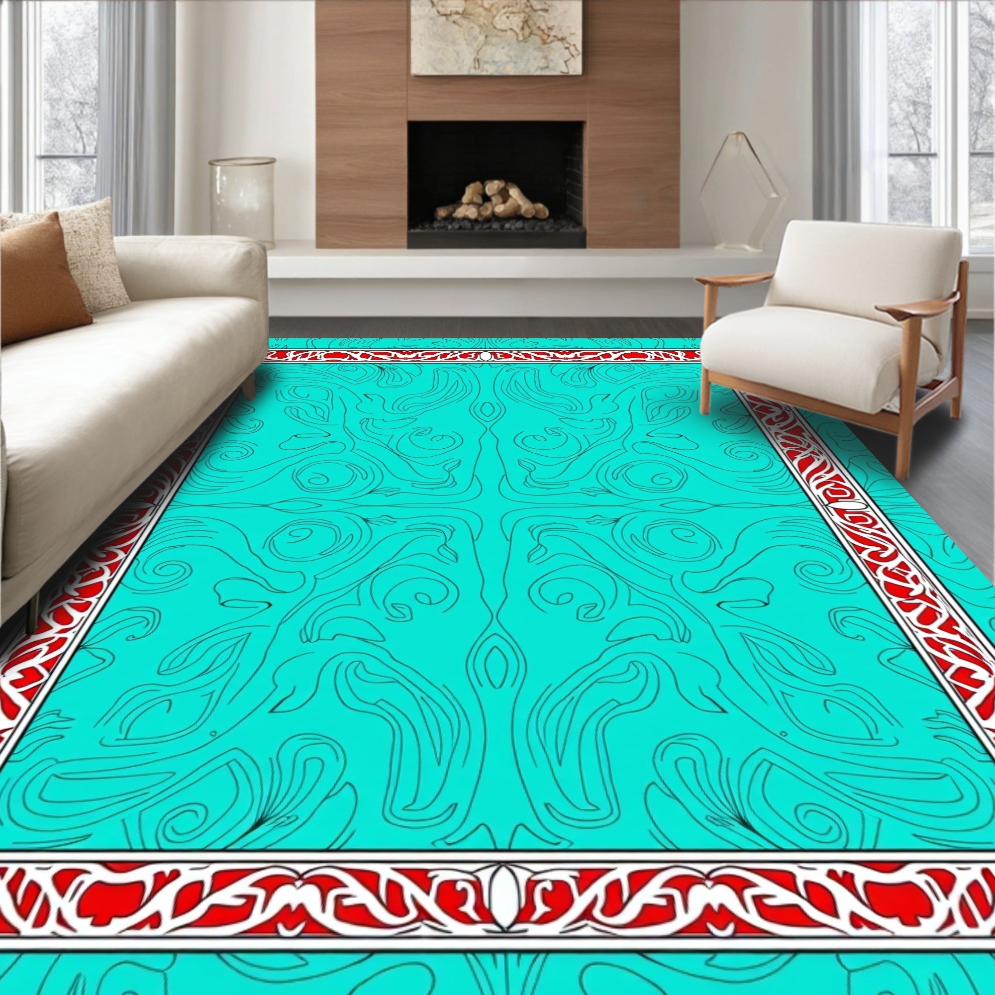 Turquoise Red Floral Border Intricate Rug
