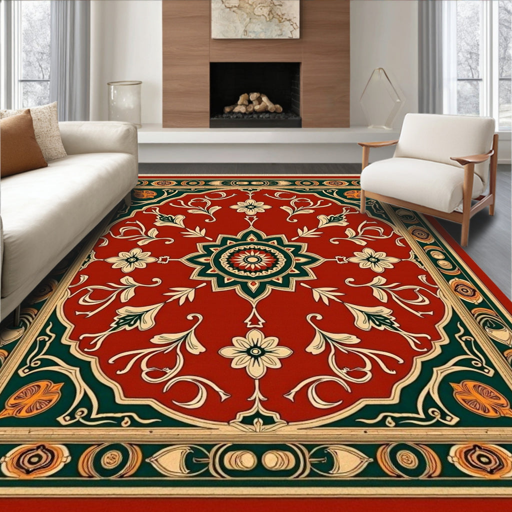 Crimson Floral Medallion with Green Accents Rug