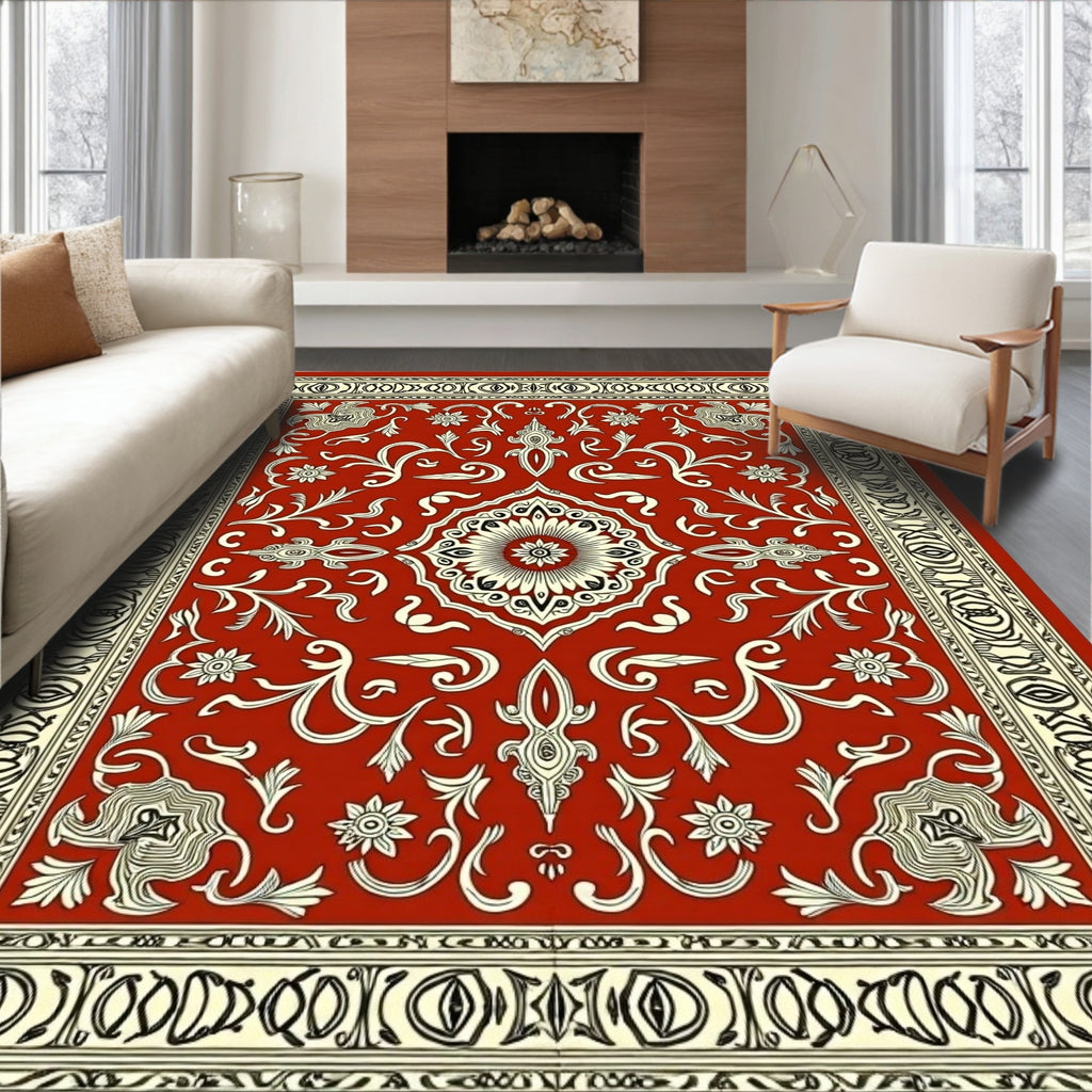 Crimson Ivory Floral Medallion Border Rug