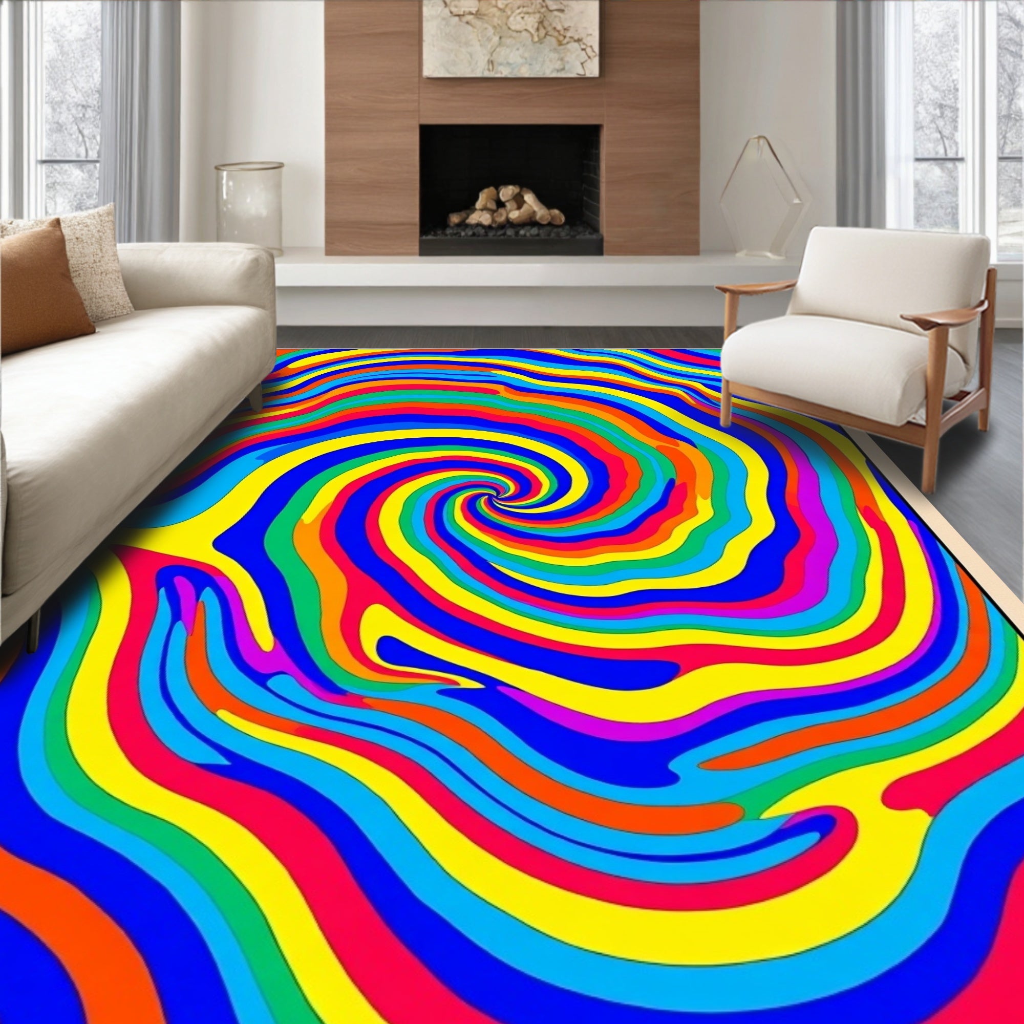 Vibrant Rainbow Swirl Abstract Rug