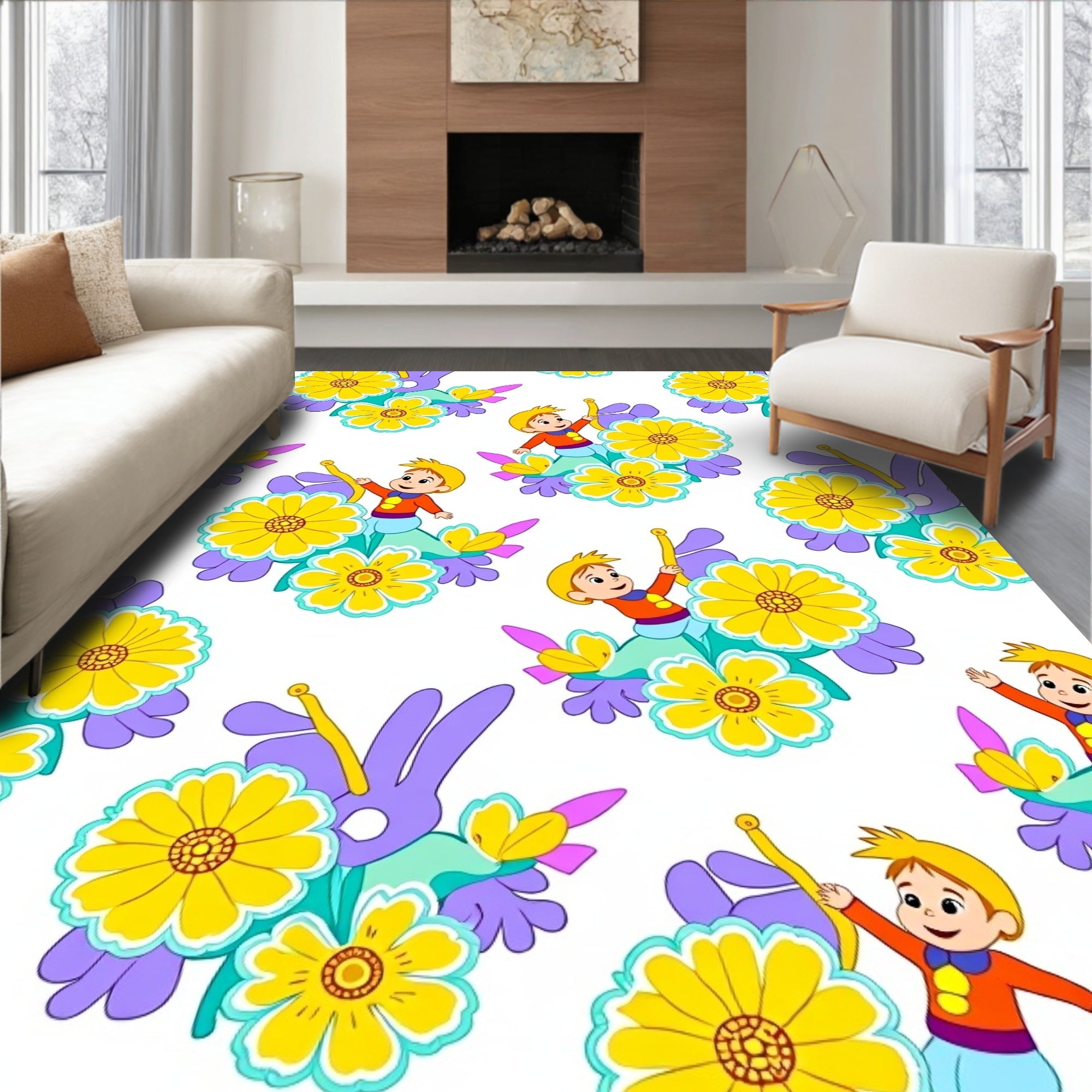 Whimsical Boy Girl Yellow Floral Arrangement Rug