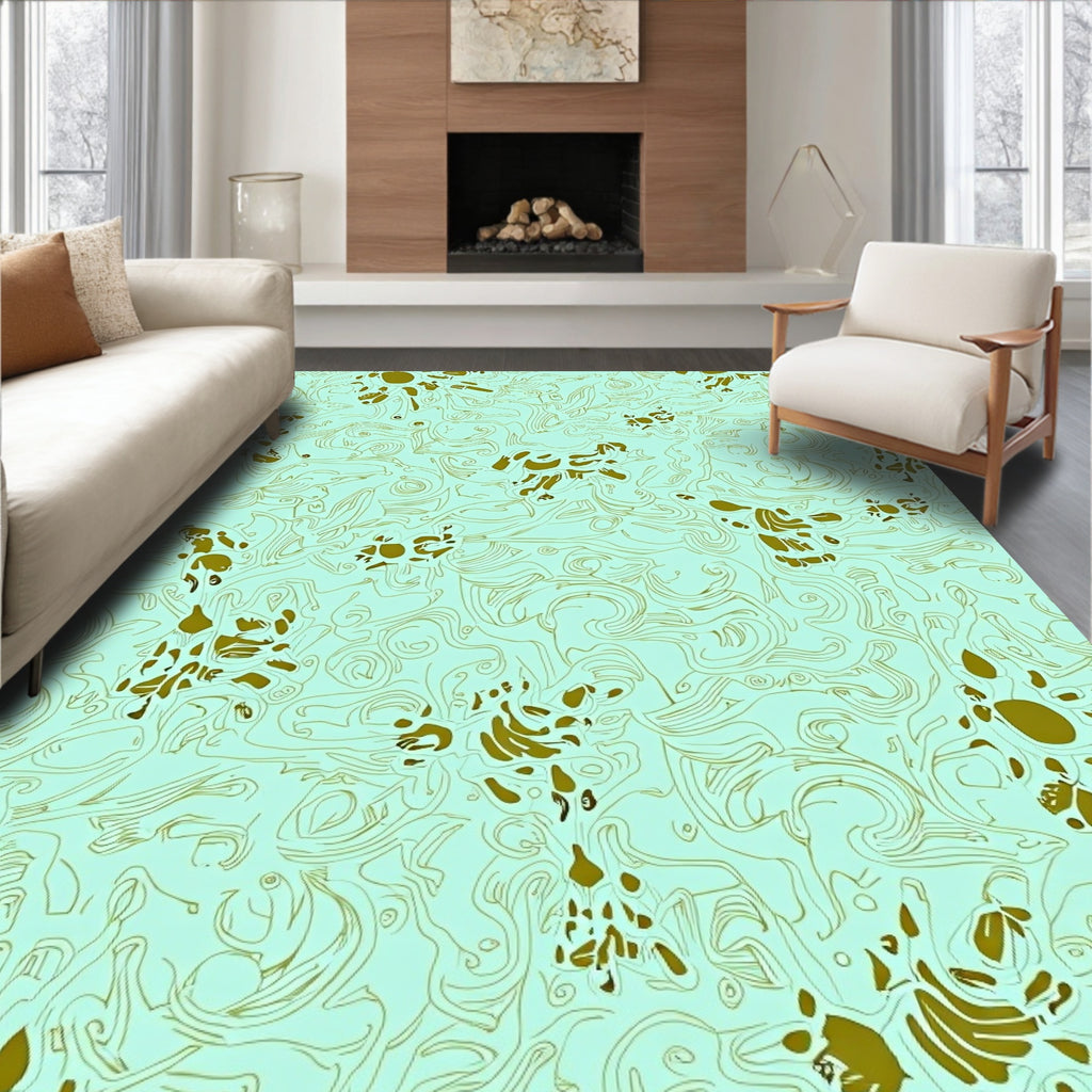Abstract Gold Swirl Floral Aquamarine Rug