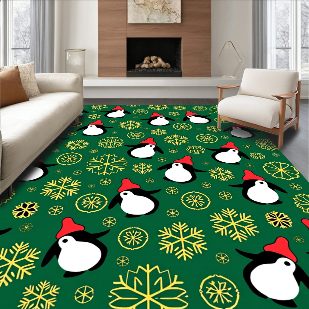 Festive Green Penguin and Snow Flake Rug