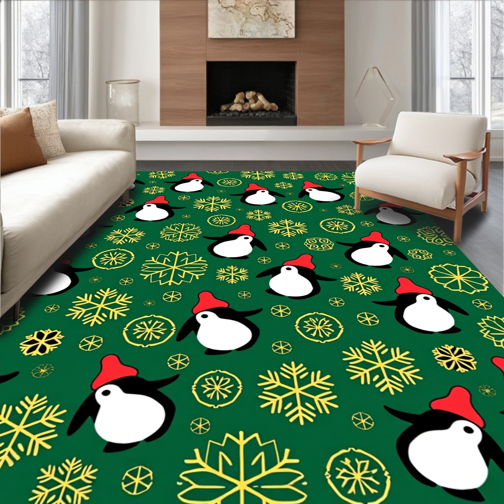 Festive Green Penguin and Snow Flake Rug