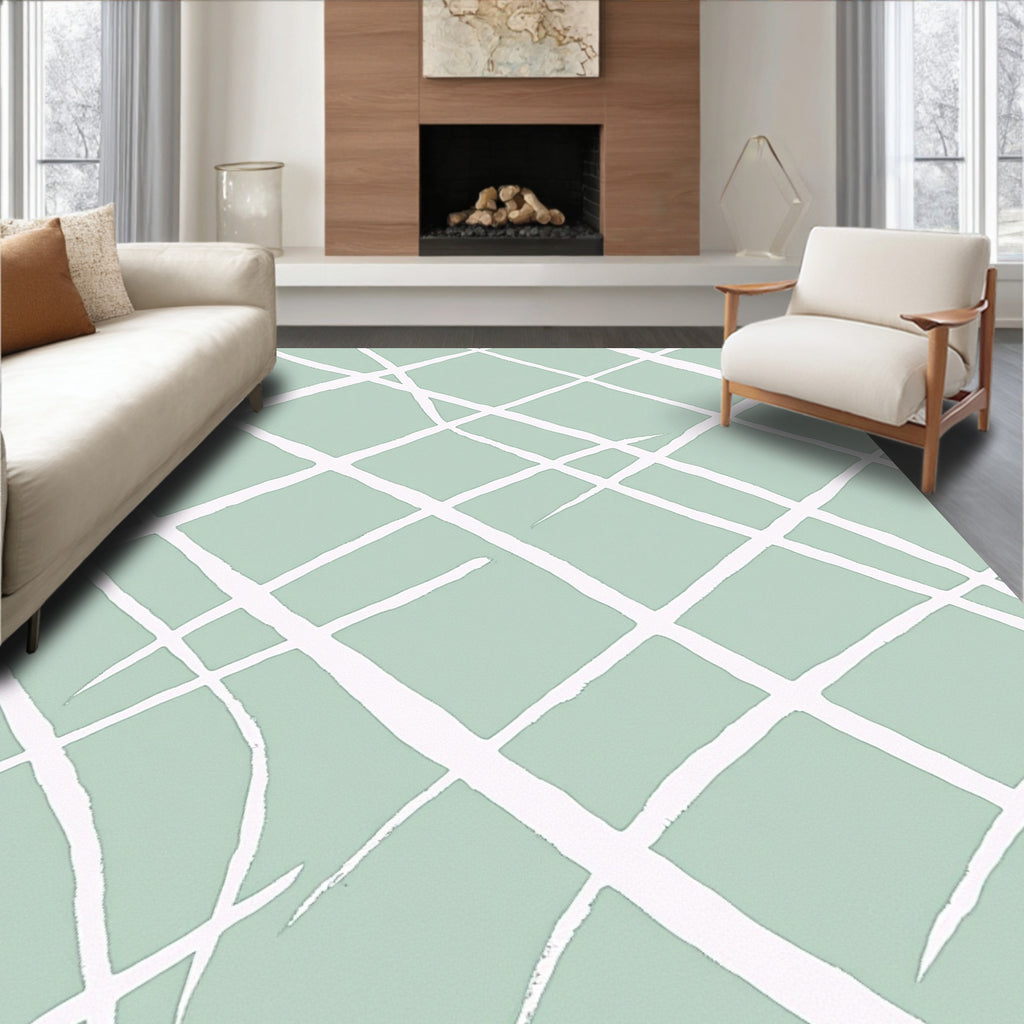 Soft Sage Green Wide Stripe Grid Rug