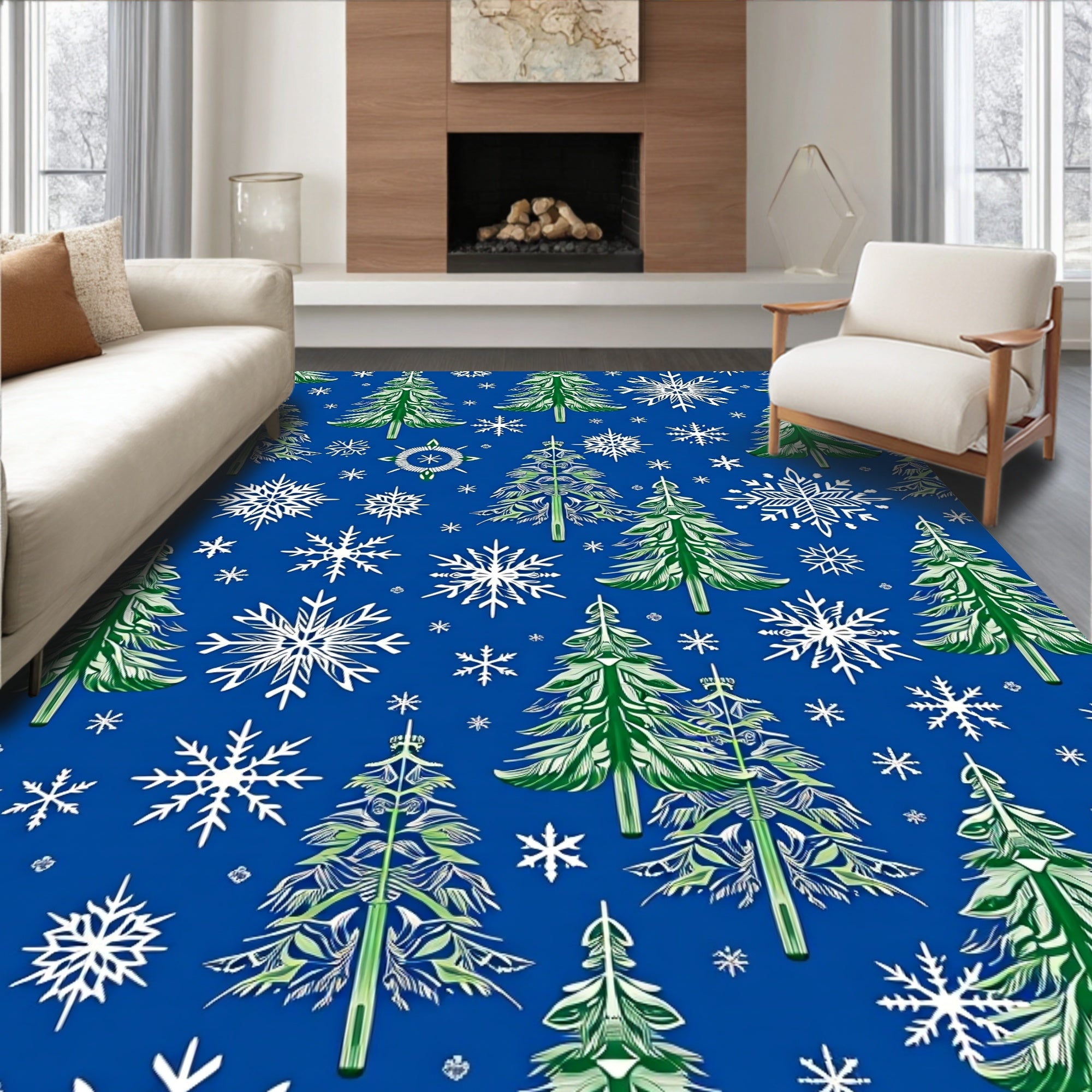 Winter Snowflakes Green Forest Trees Rug