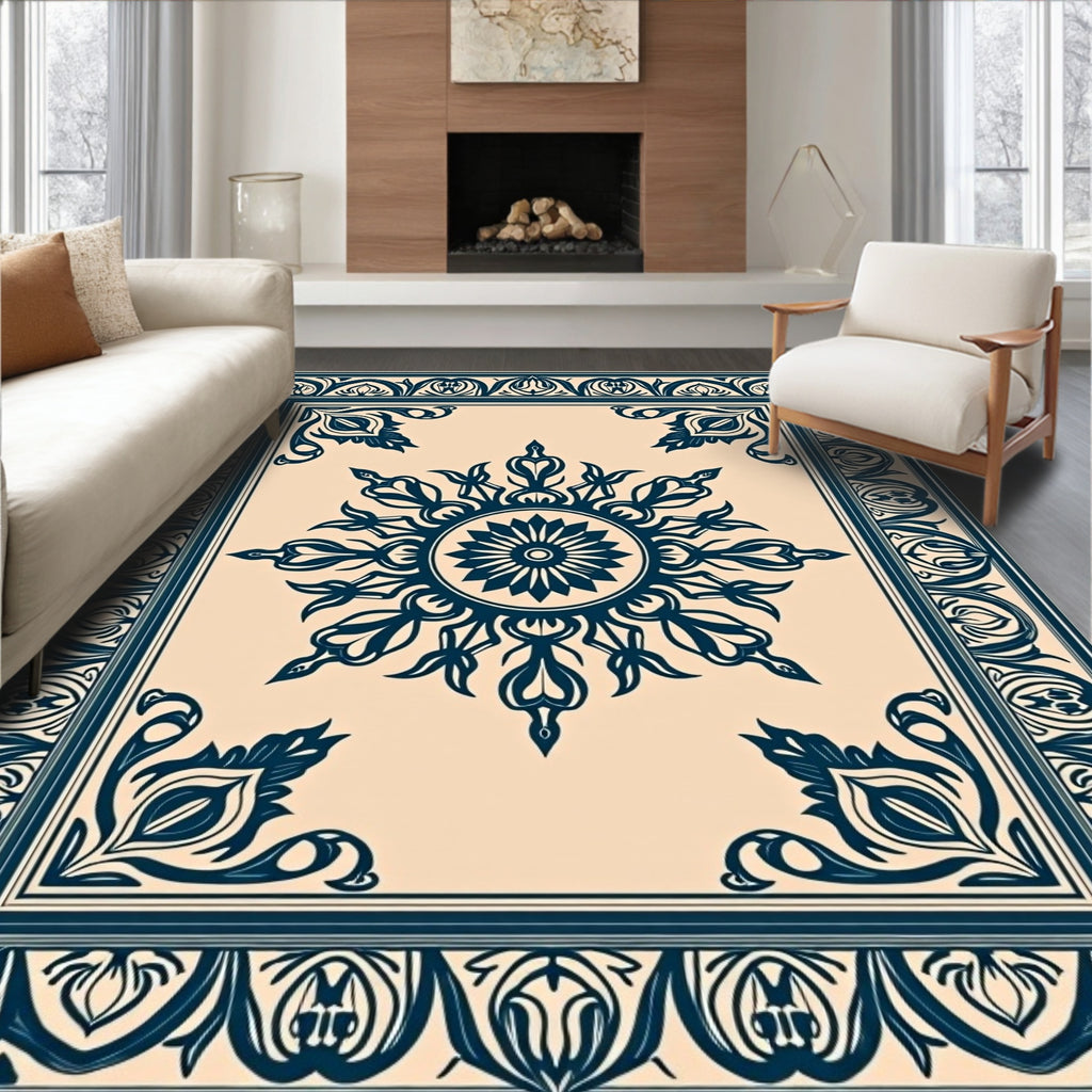 Navy Blue Floral Medallion Border Rug