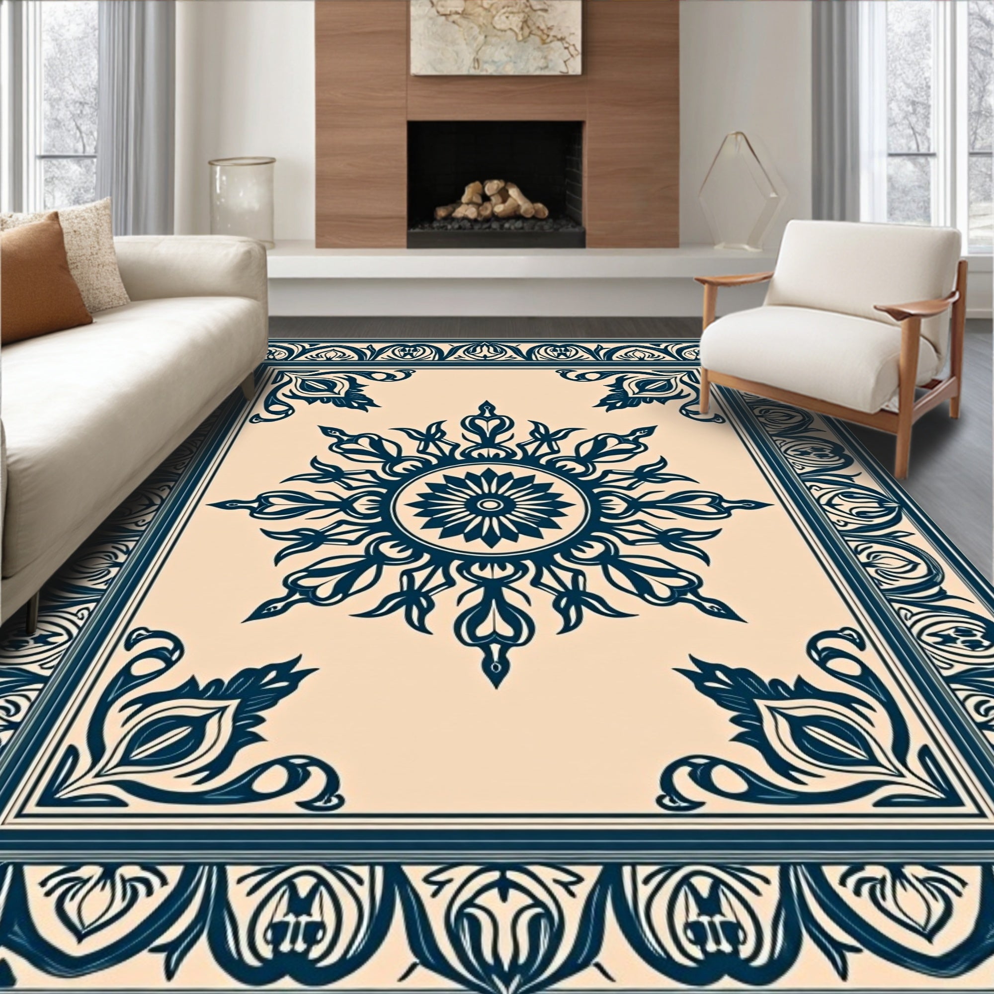 Navy Blue Floral Medallion Border Rug