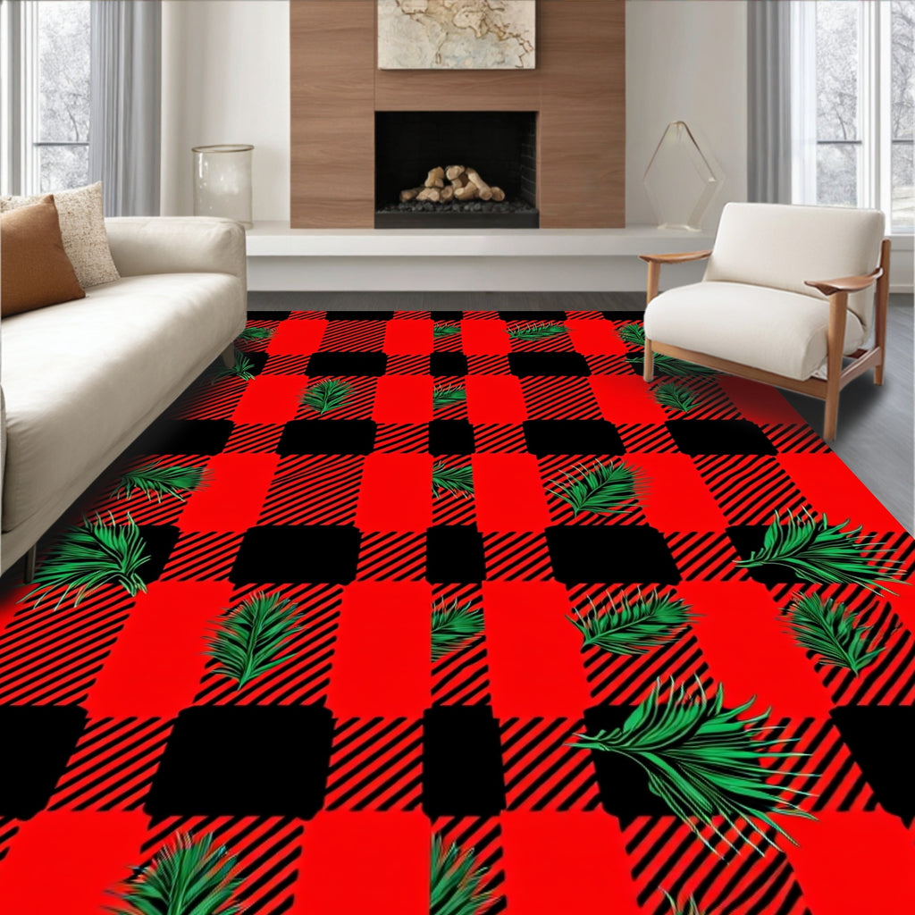 Red Black Buffalo Plaid Palm Fronds Rug