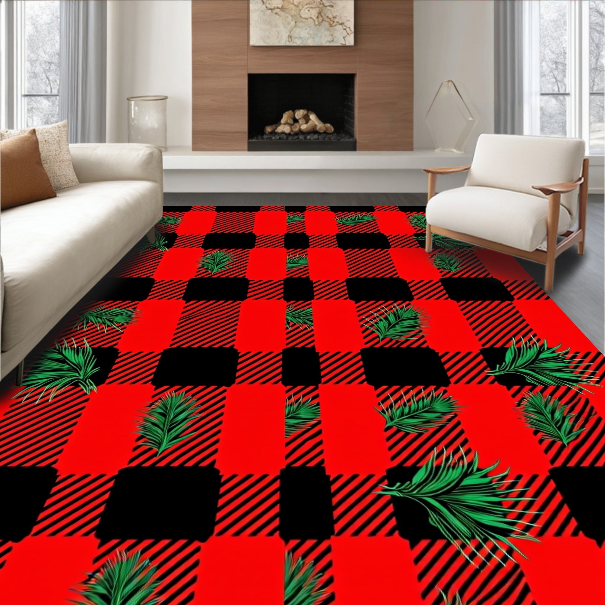 Red Black Buffalo Plaid Palm Fronds Rug