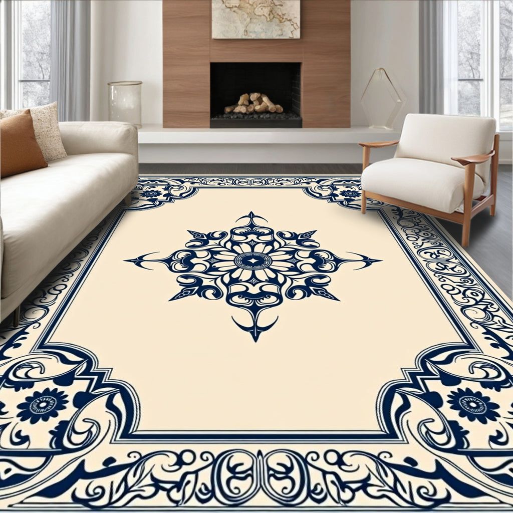 Navy Blue Floral Corner Medallion Rug