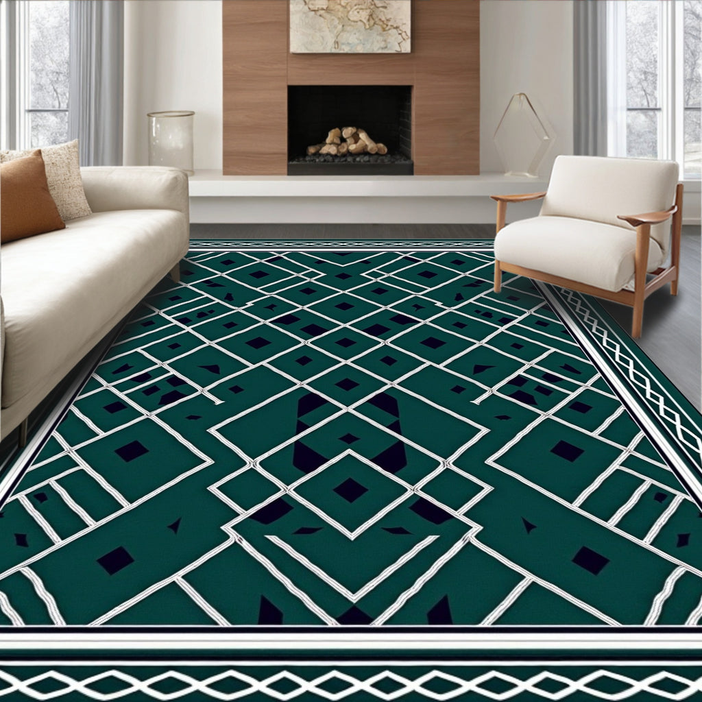 Emerald White Geometric Diamond Lattice Rug