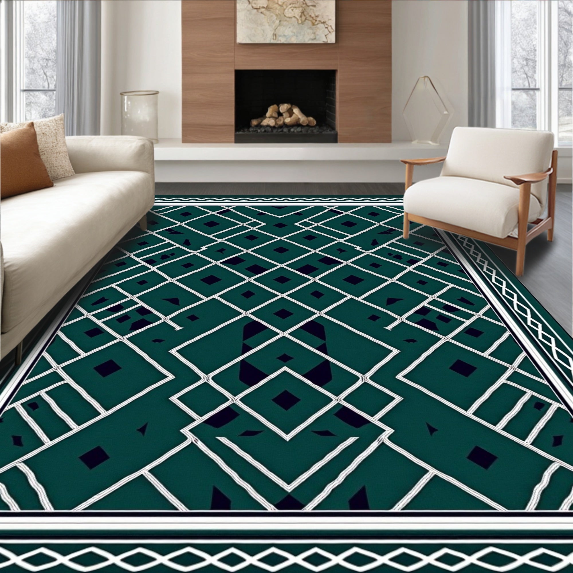 Emerald White Geometric Diamond Lattice Rug