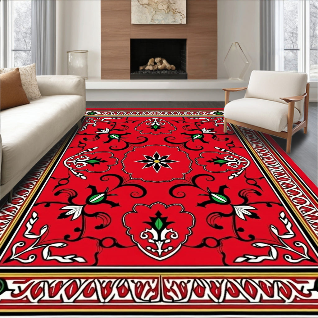 Vibrant Red Floral Cartouche Rug