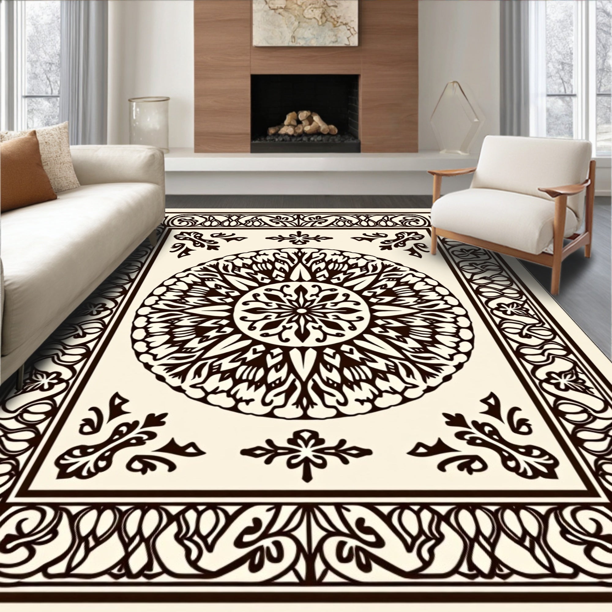 Intricate Cream Mandala Border Rug