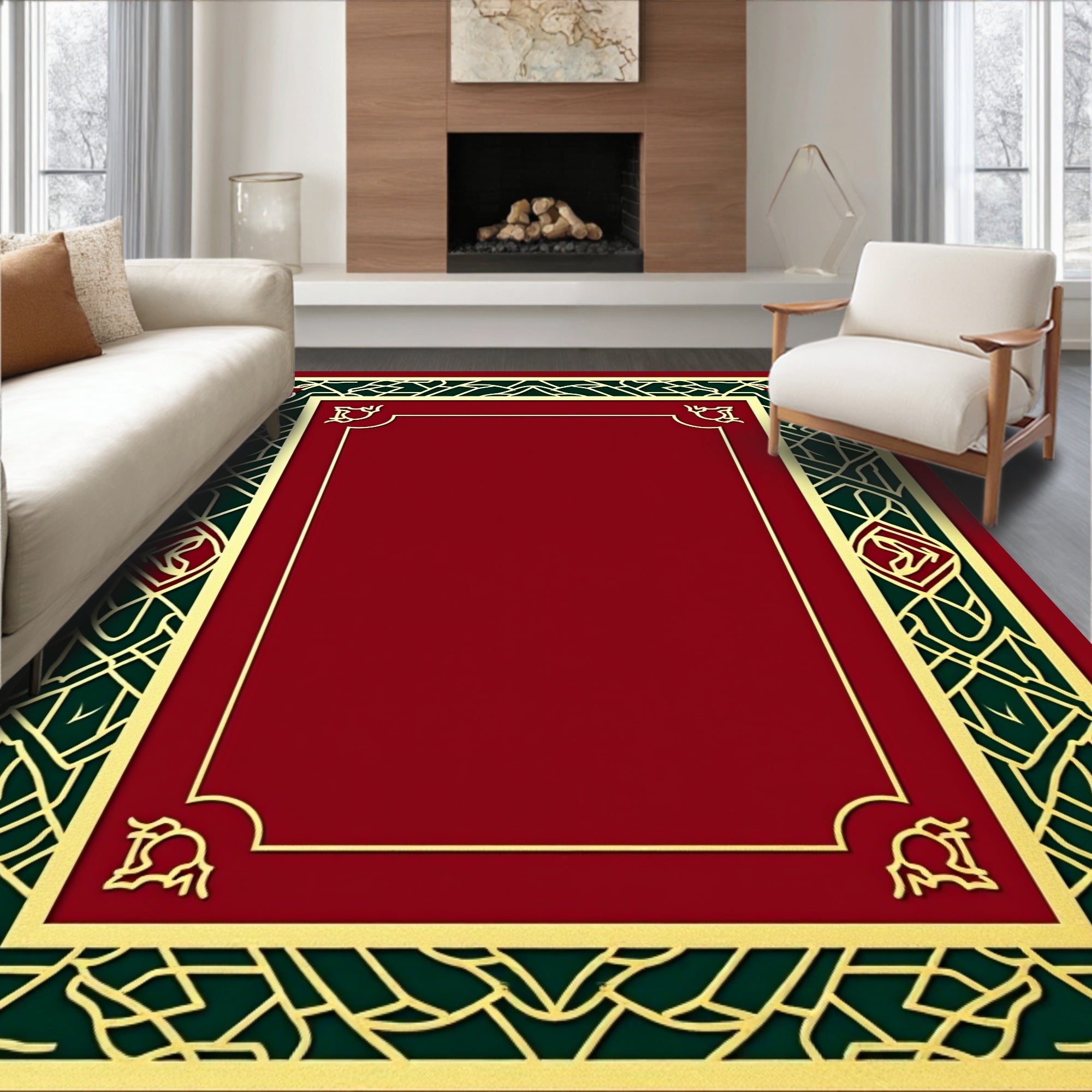Elegant Red Green Golden Border Rug