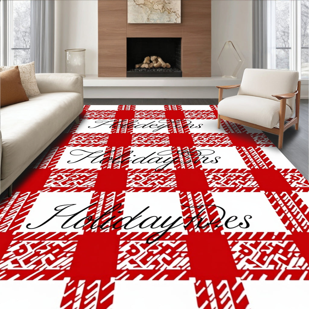 Red White Gingham Holiday Text Rug