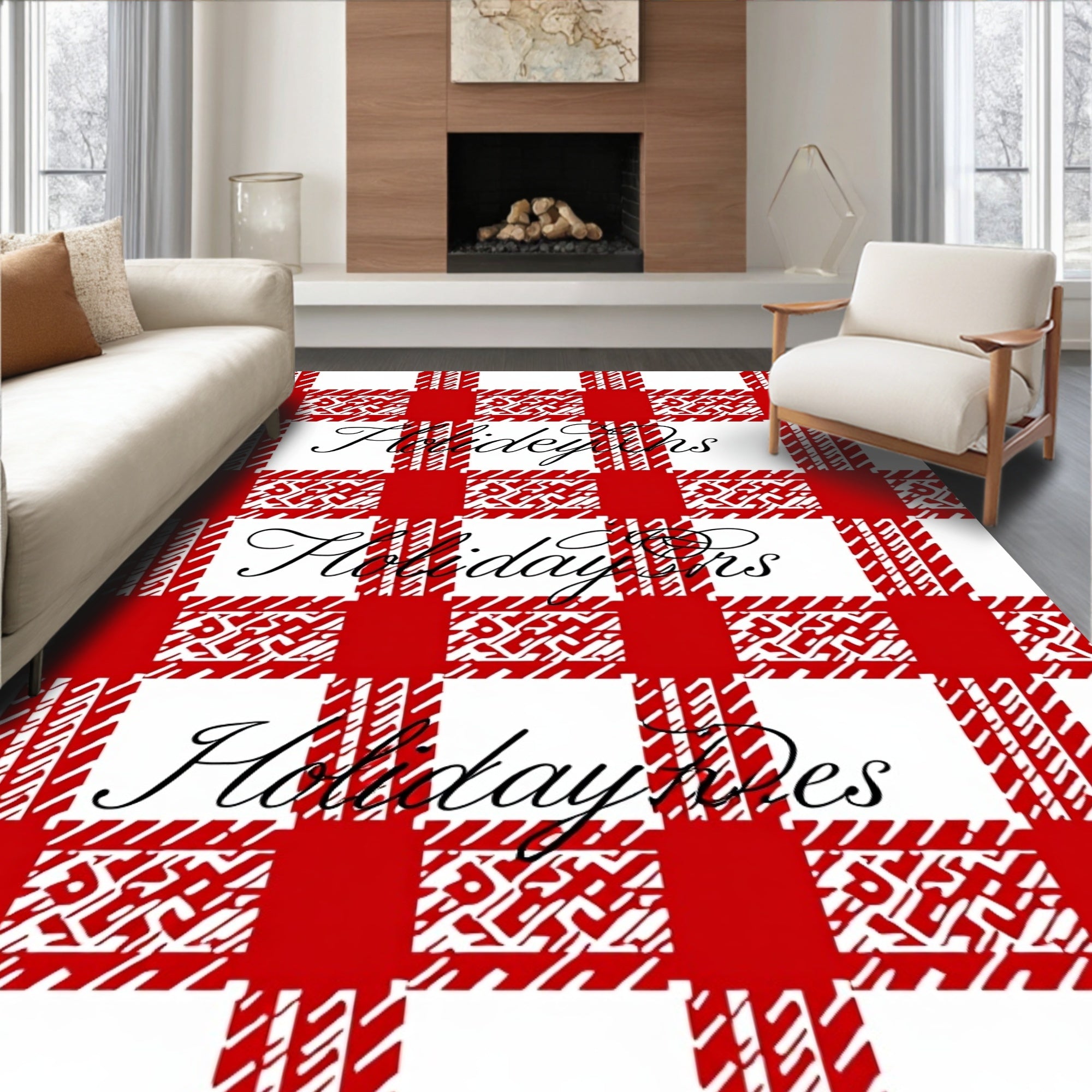 Red White Gingham Holiday Text Rug