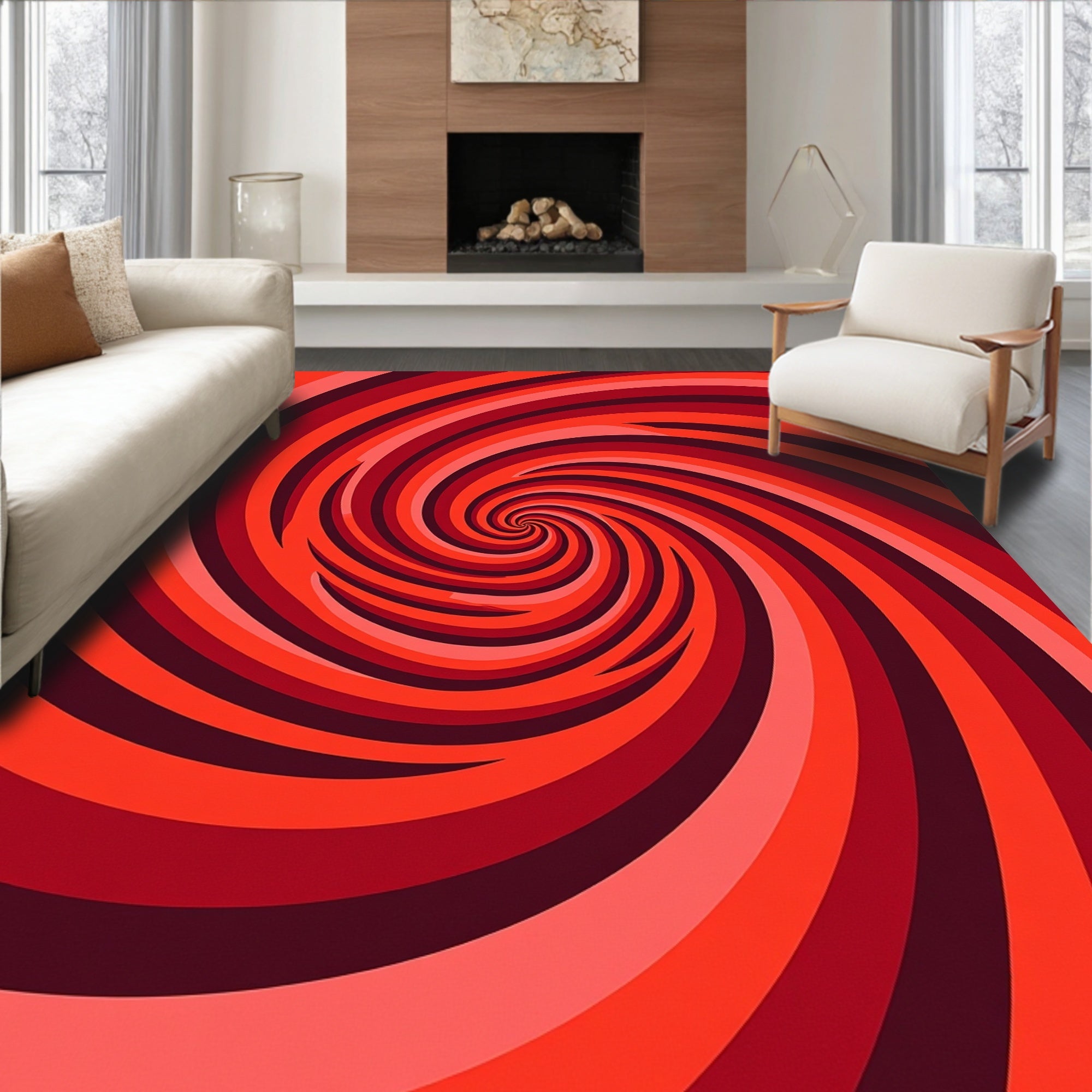 Crimson Swirling Spiral Abstract Rug
