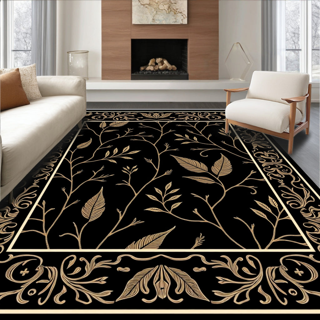 Ornate Black Gold Leaf Branches Rug