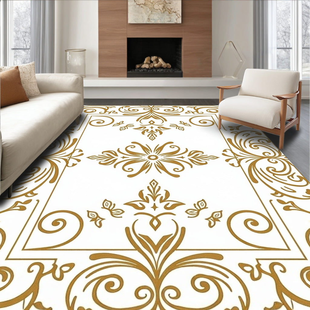 Ornate Gold Flourish Scroll Work Rug