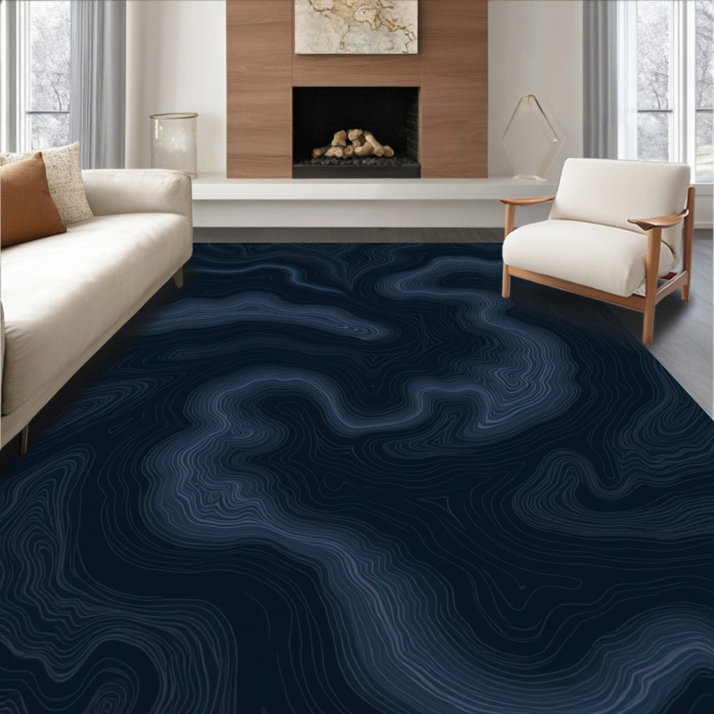 Deep Blue Topographic Contour Rug