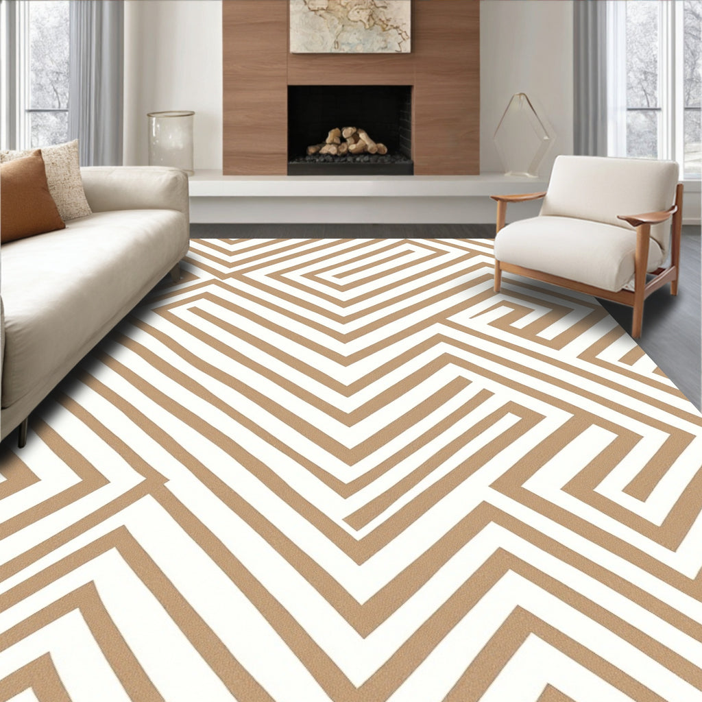Tan White Geometric Maze Rug