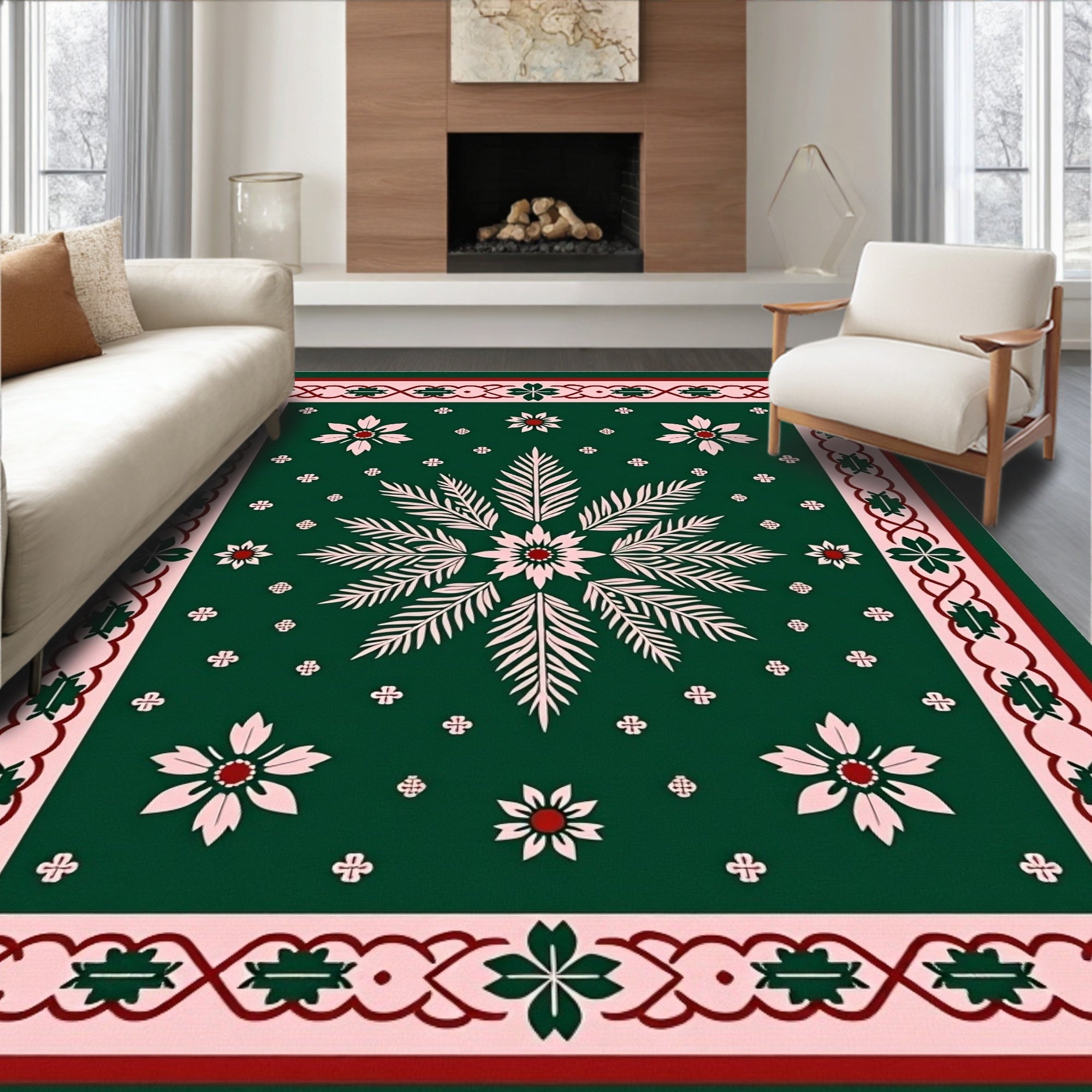 Crimson Green Floral Border Rug
