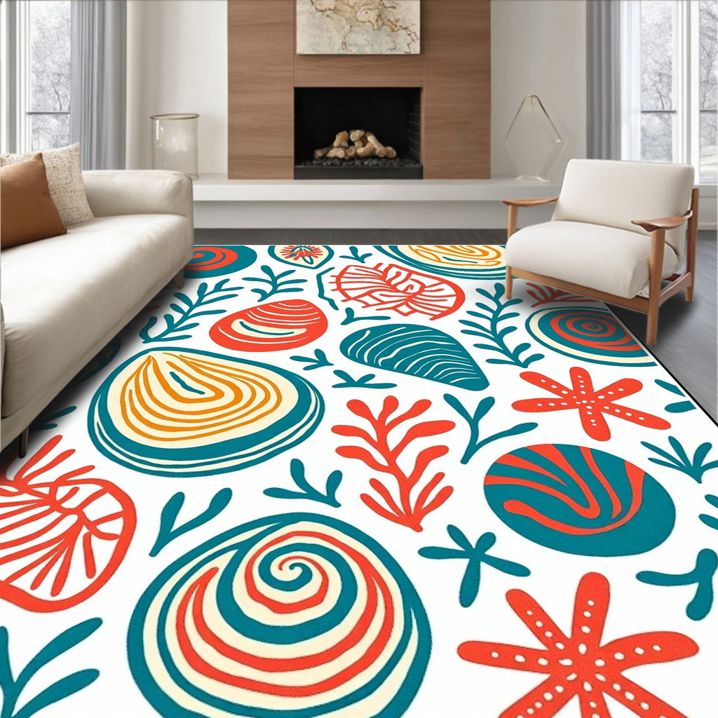 Coastal Red Teal Seashell Scatter Rug