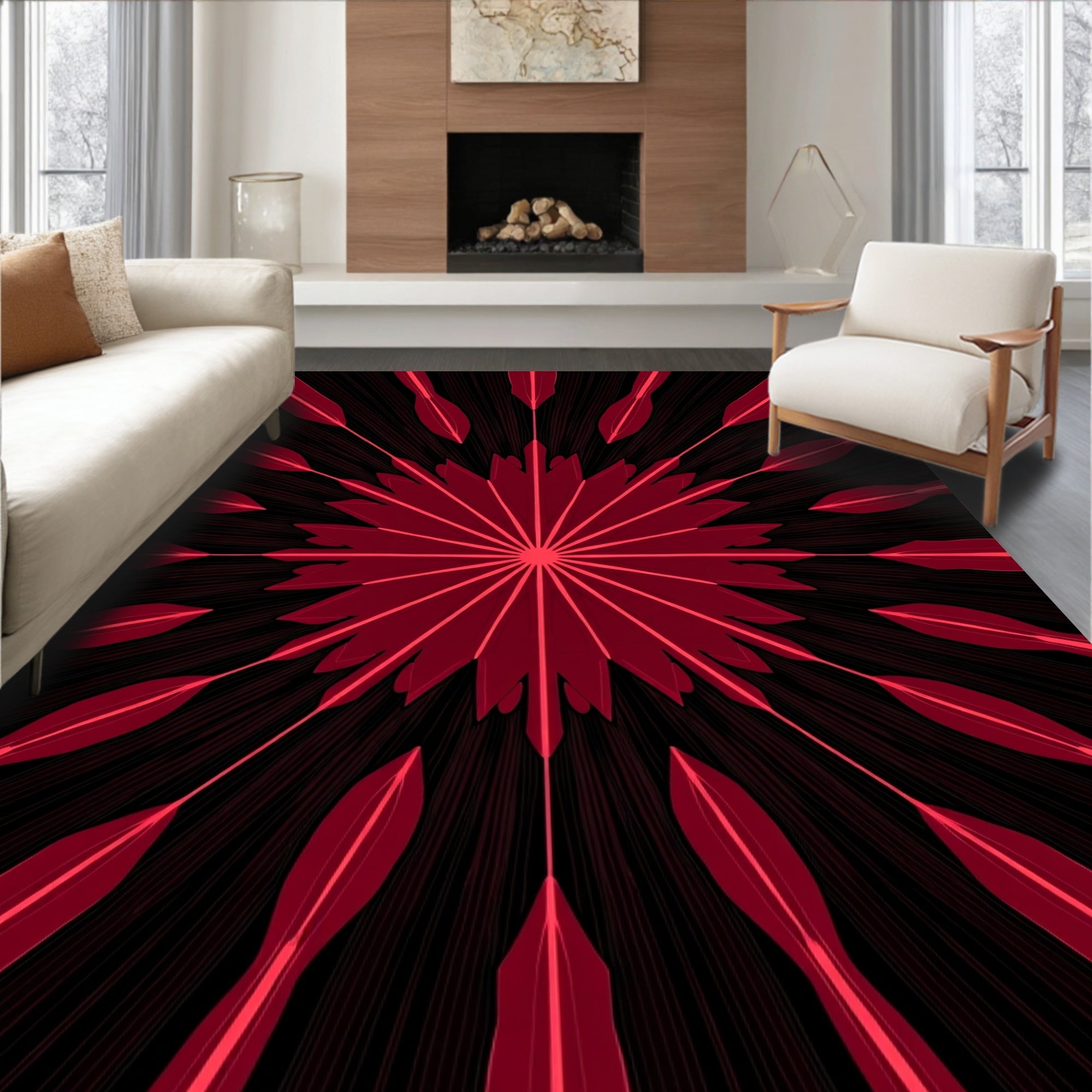 Fiery Red Starburst Bloom Ray Rug