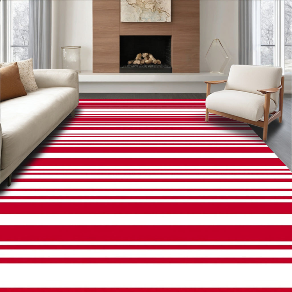Bold Red White Horizontal Stripe Rug