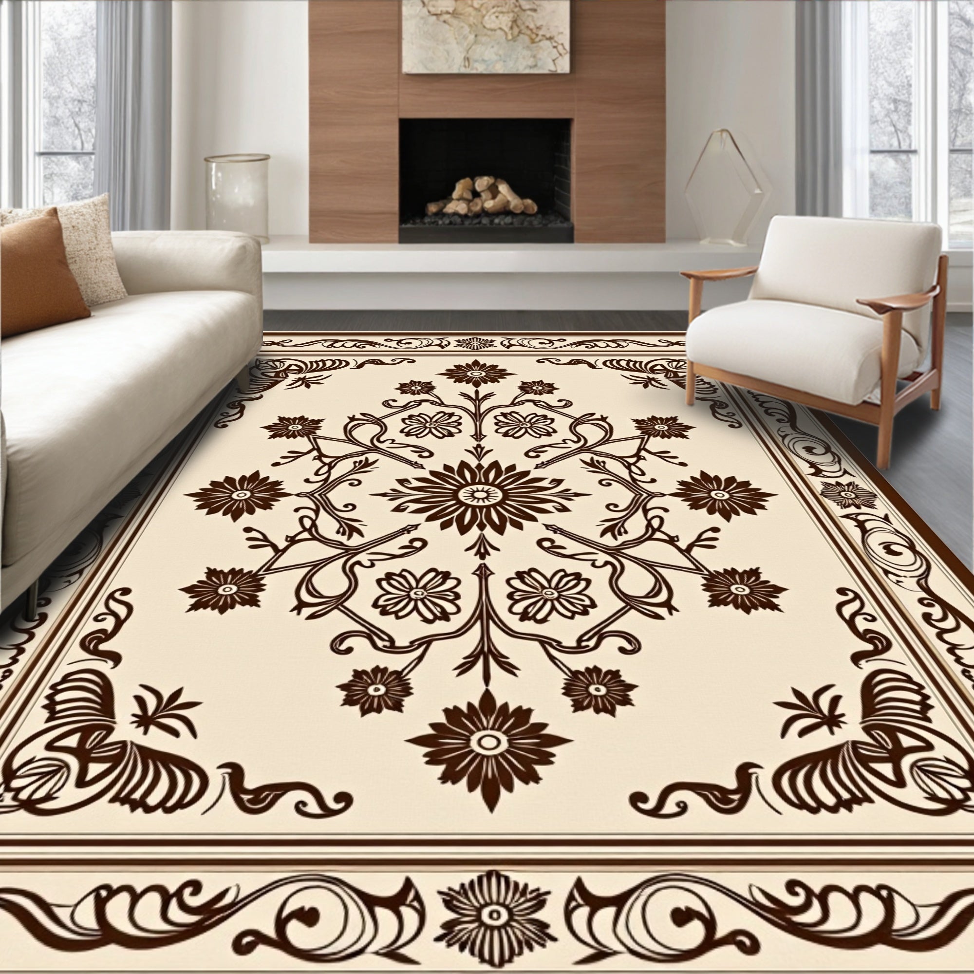 Ornate Brown Floral Scroll Medallion Rug