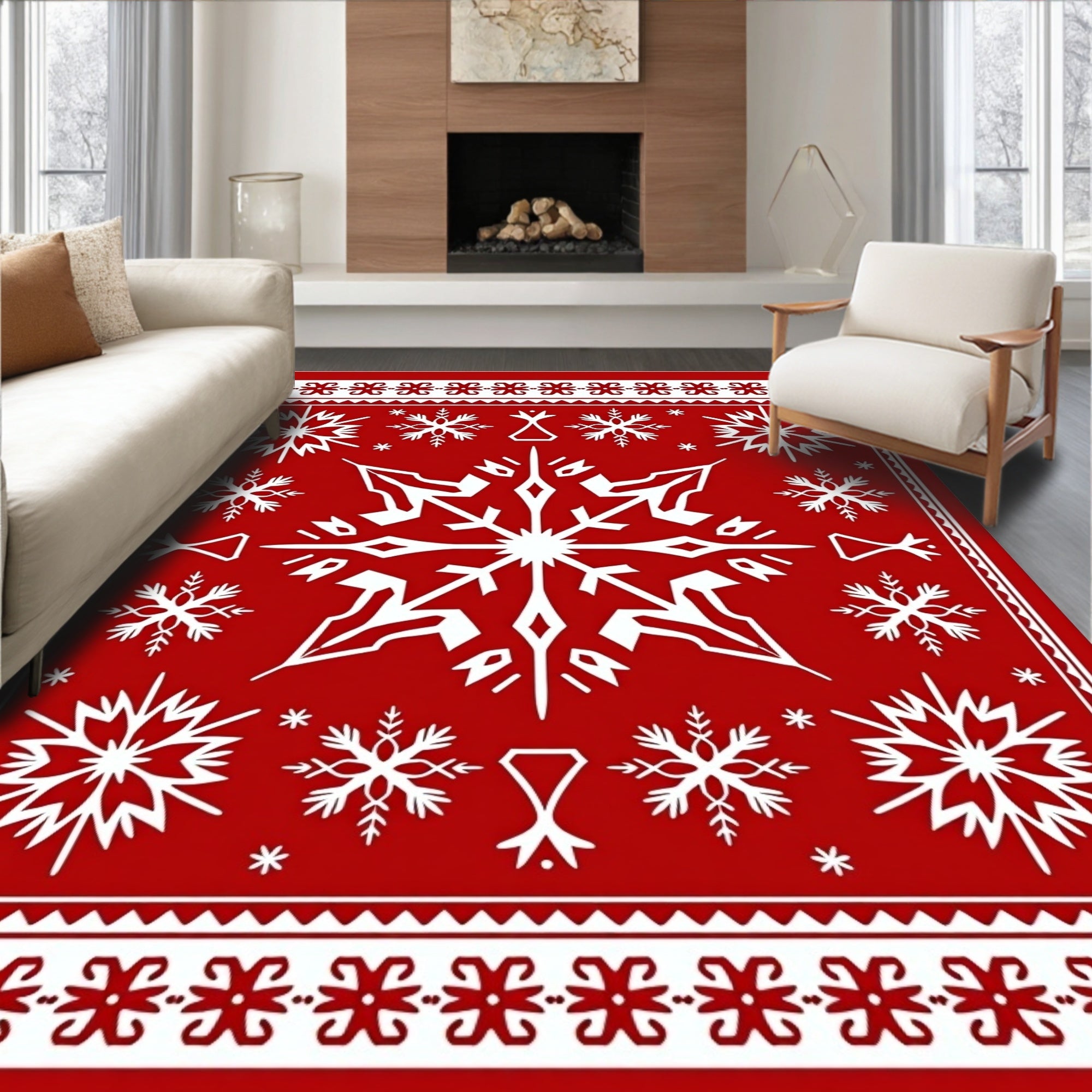 Crimson White Snowflake Borders Rug