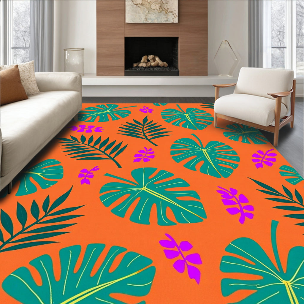 Tropical Orange Teal Purple Leaves Rug