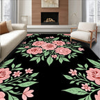 Pink Roses Lush Foliage Black Rug