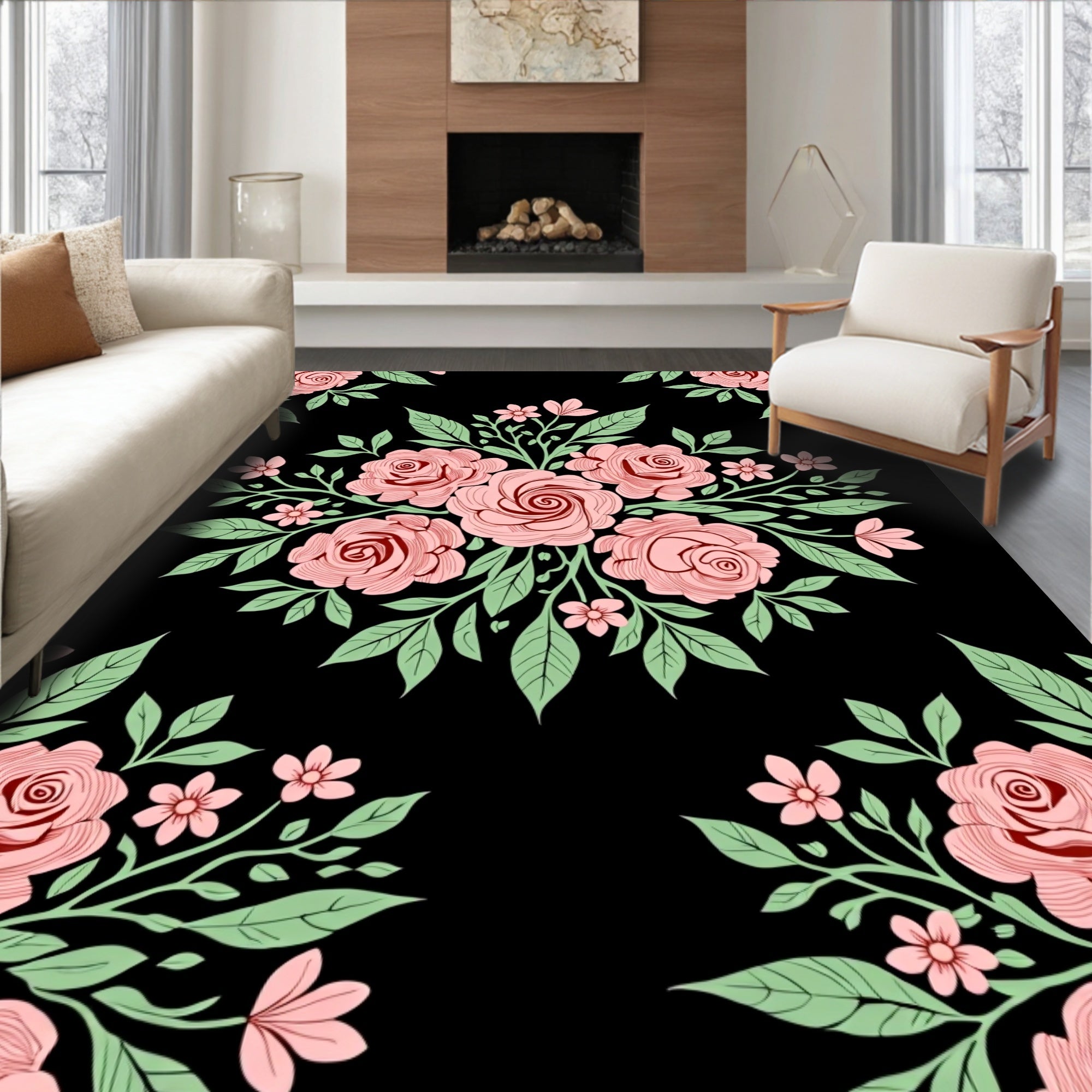 Pink Roses Lush Foliage Black Rug