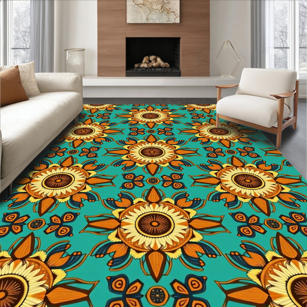 Teal Orange Yellow Sunburst Floral Rug