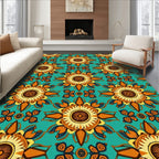 Teal Orange Yellow Sunburst Floral Rug